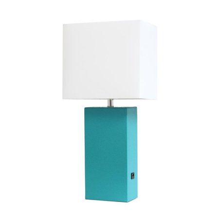 FEELTHEGLOW Modern Leather Table Lamp with USB & White Fabric Shade, Teal FE2519739
